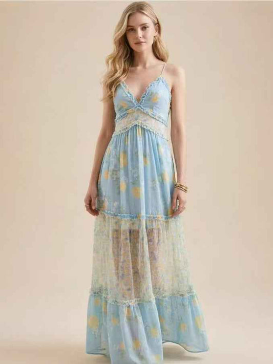 Strap V-neck Floral Ruffled Chiffon Dress