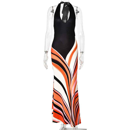 European And American-style Halter Multicolor Long Dress Sexy And Figure-hugging