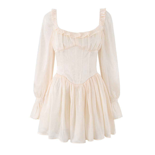 Fishtail-waisted Square-neck Puffed-sleeve Dress