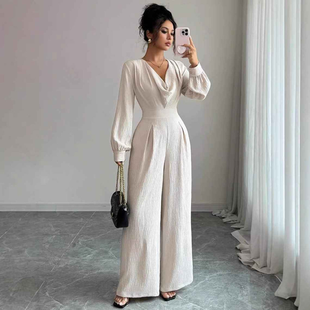 Womens Solid-Color Elegant Off-the-Shoulder Long-Sleeve Jumpsuit For The Office