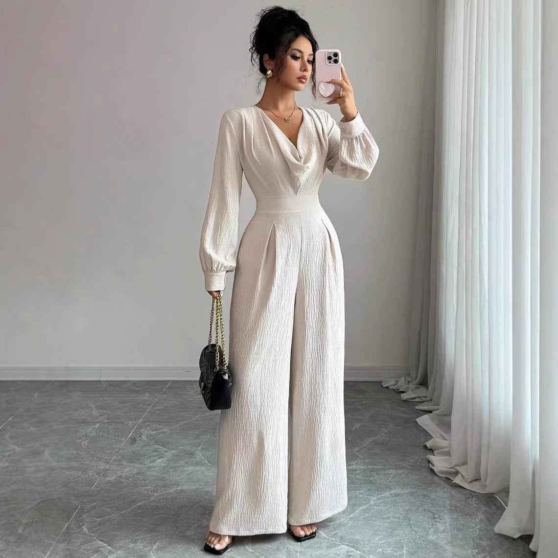 Womens Solid-Color Elegant Off-the-Shoulder Long-Sleeve Jumpsuit For The Office