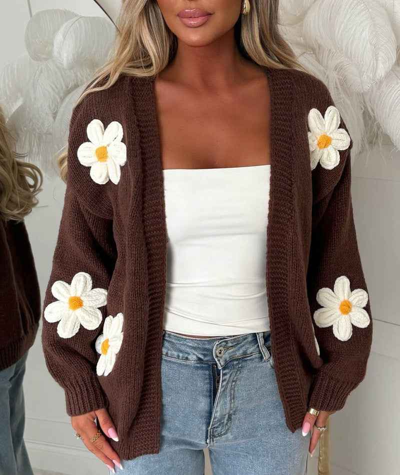 Sweet Large-Floral Knitted Cardigan For Women