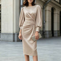 Elegant Light Luxury Satin Puff Sleeve Waist Dress