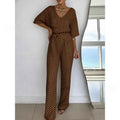 Solid-color V-neck Casual Mid-length Sleeve Dress With Belt