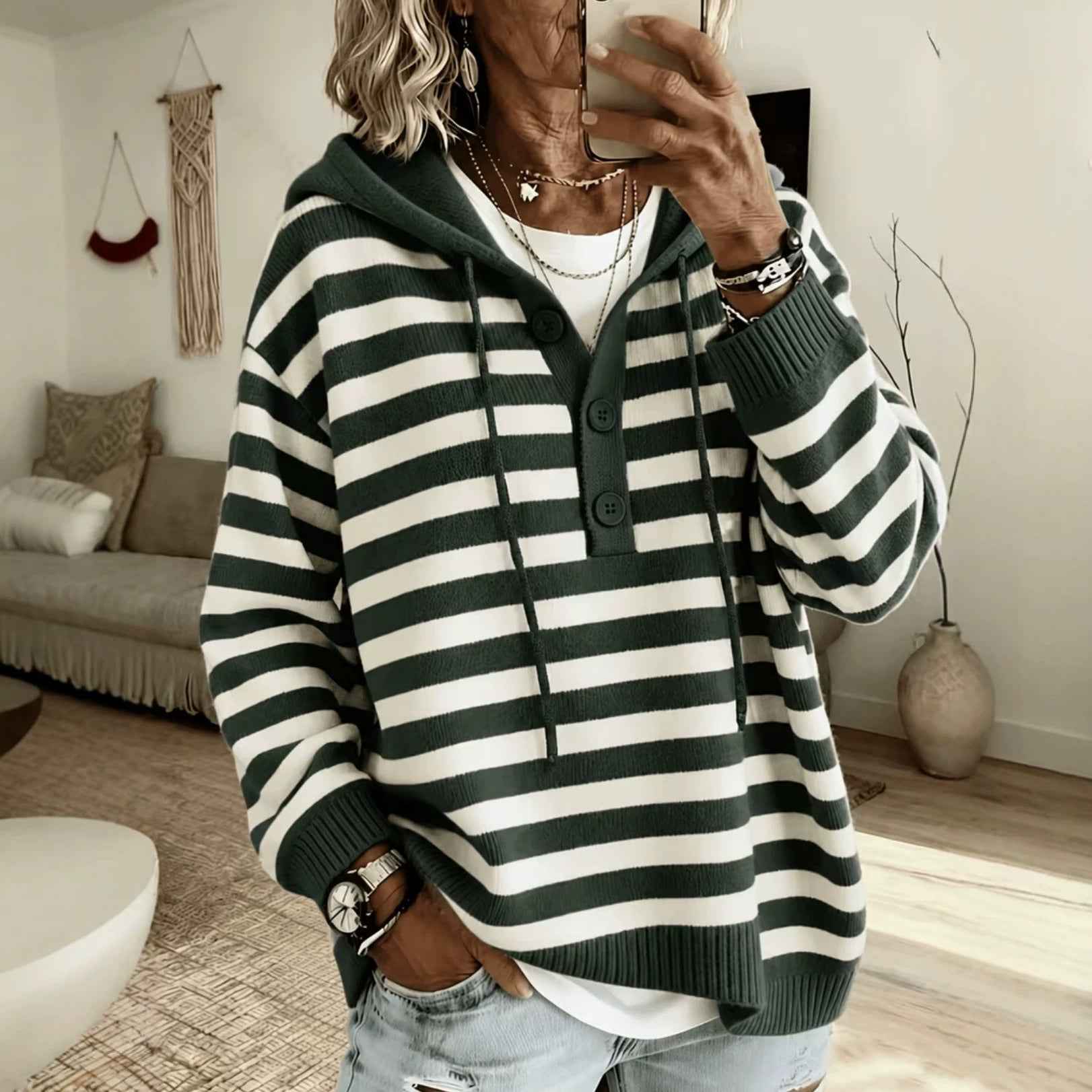 European And American-style Hooded Striped Pullover Knit Sweater
