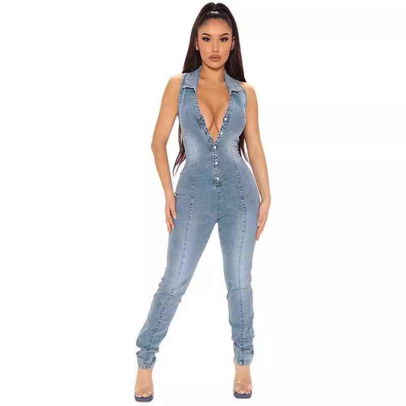 Sleeveless Washed Denim Jumpsuit For Women