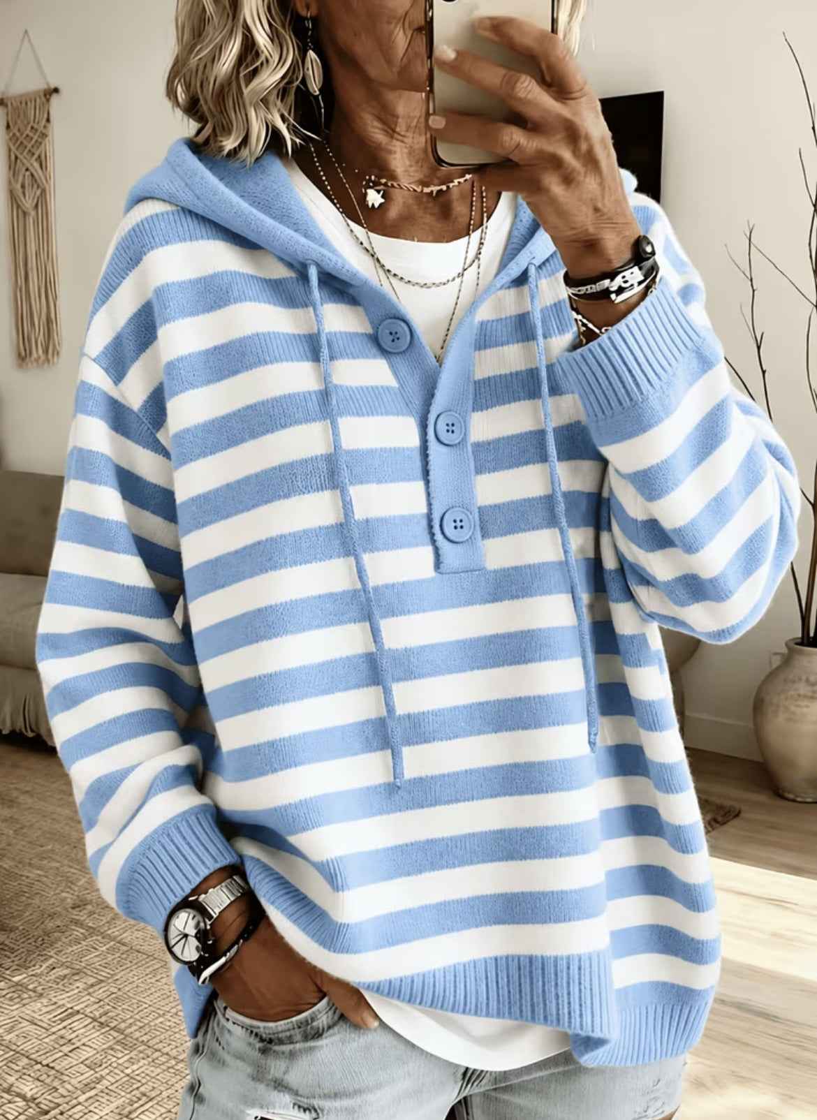 European And American-style Hooded Striped Pullover Knit Sweater
