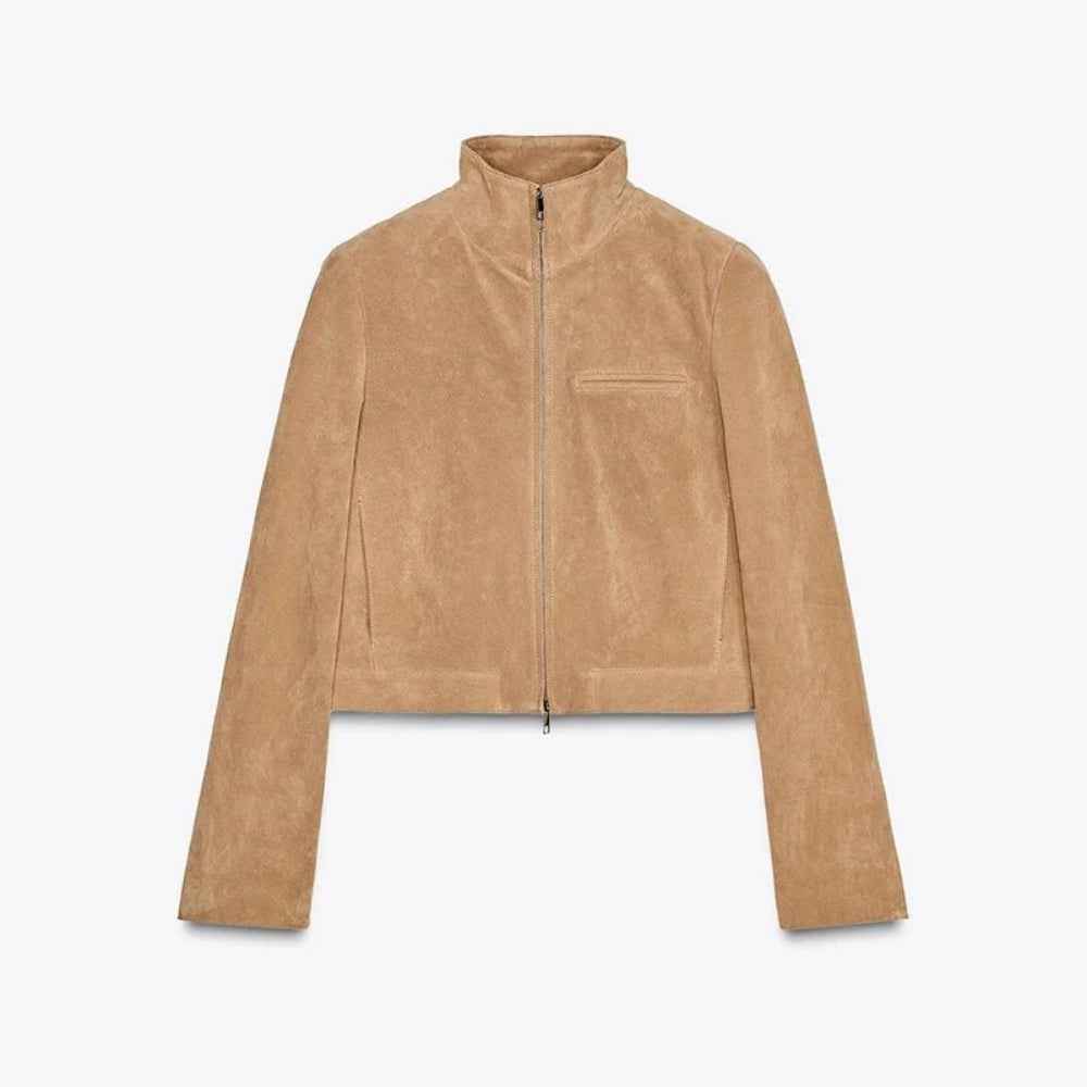 Spring Short Suede Jackets Women Brown Stand Collar Zip