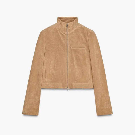 Spring Short Suede Jackets Women Brown Stand Collar Zip