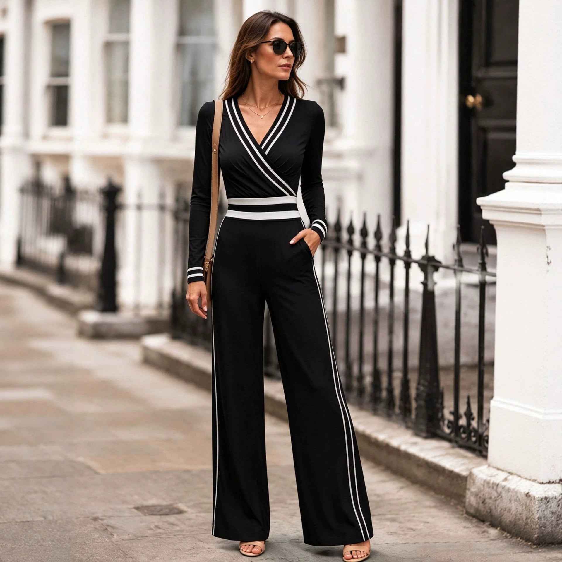Womens High-waisted Twill Color-block Side-panel Jumpsuit