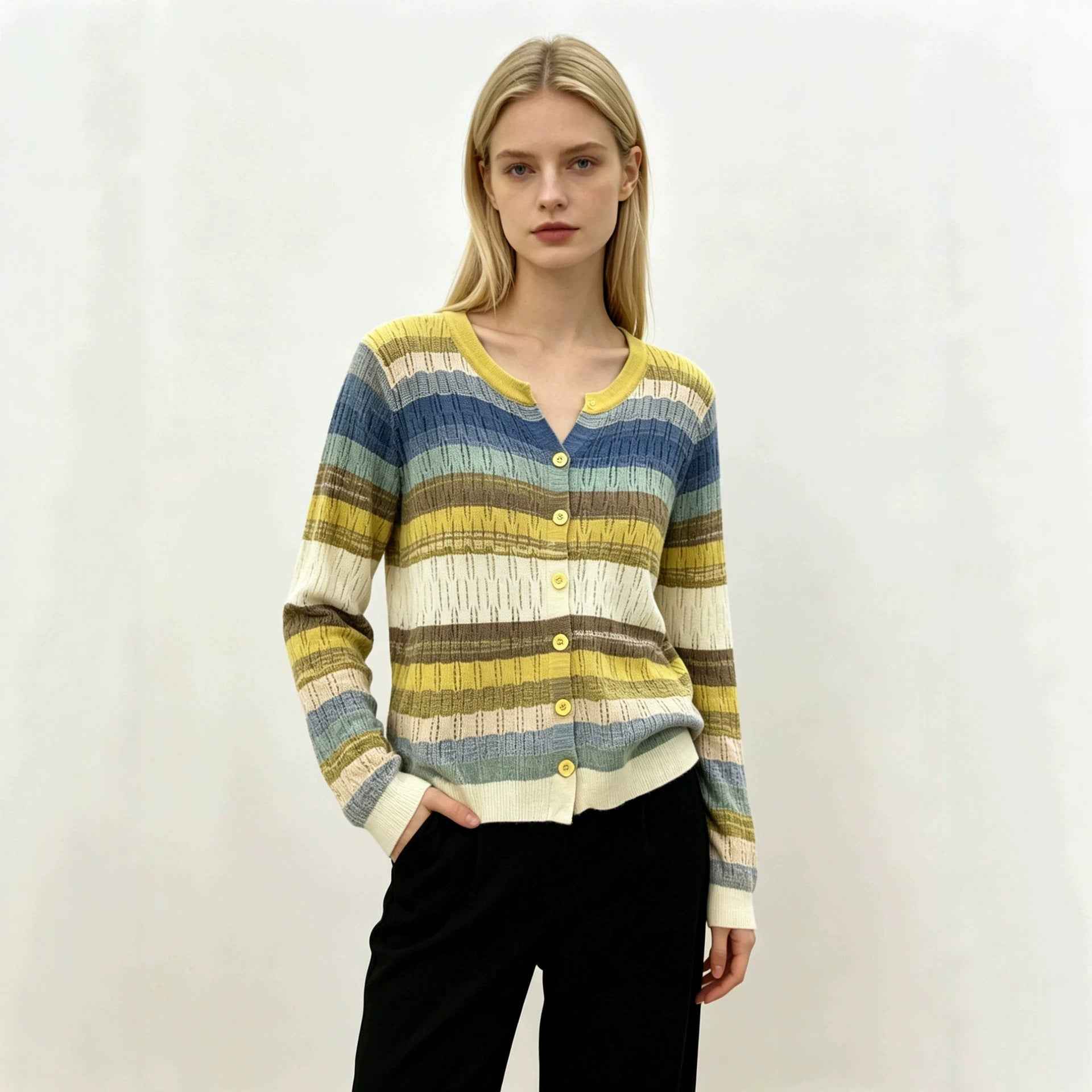 Womens Hollow-Out Color-Block Striped V-Neck Knitted Cardigan Top