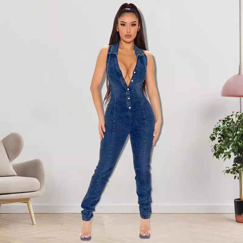Sleeveless Washed Denim Jumpsuit For Women