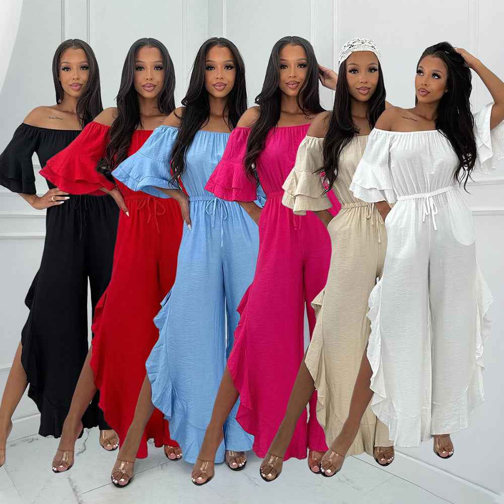 European And American Solid-color Off-shoulder Jumpsuit With A Belt