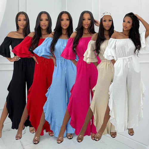 European And American Solid-color Off-shoulder Jumpsuit With A Belt