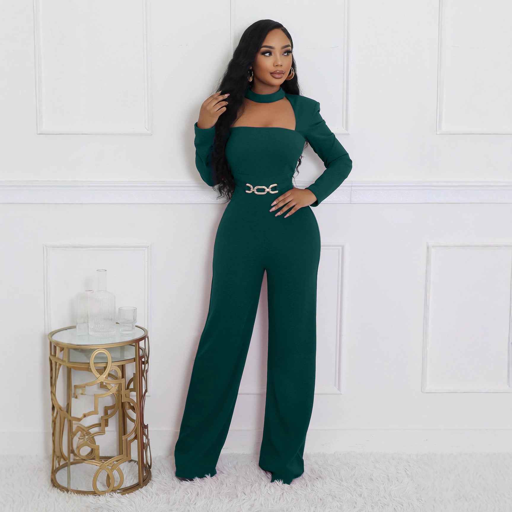 Womens Elegant Turtleneck Long-sleeve Wide-leg Jumpsuit
