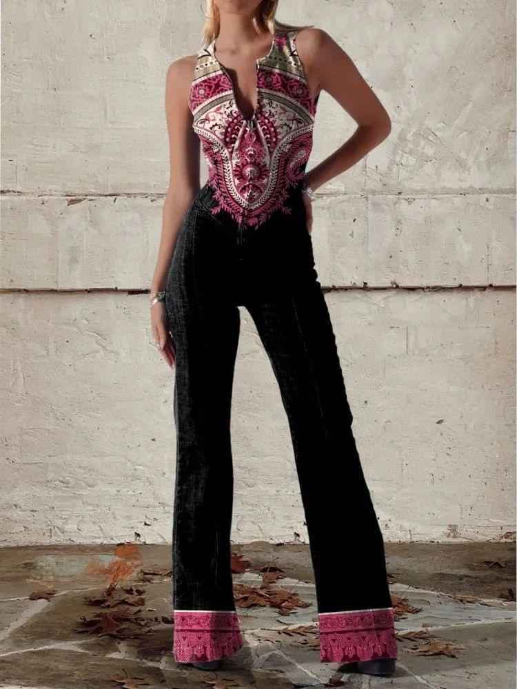Fashionable Printed Womens Sexy Off-Shoulder Sleeveless Jumpsuit