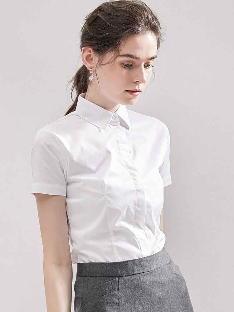Summer Short Sleeve Women's Shirt, Wrinkle-Free Solid Color Professional Blouse, Elegant Work Commute Top With Embroidered