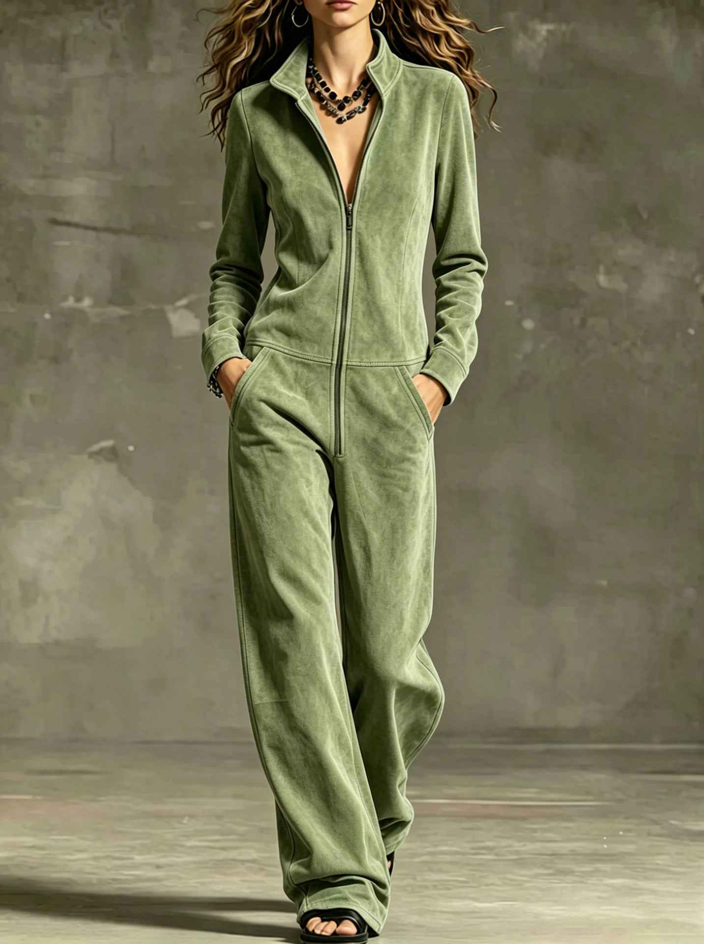 Womens Wide-leg Jumpsuit With Zip Pockets