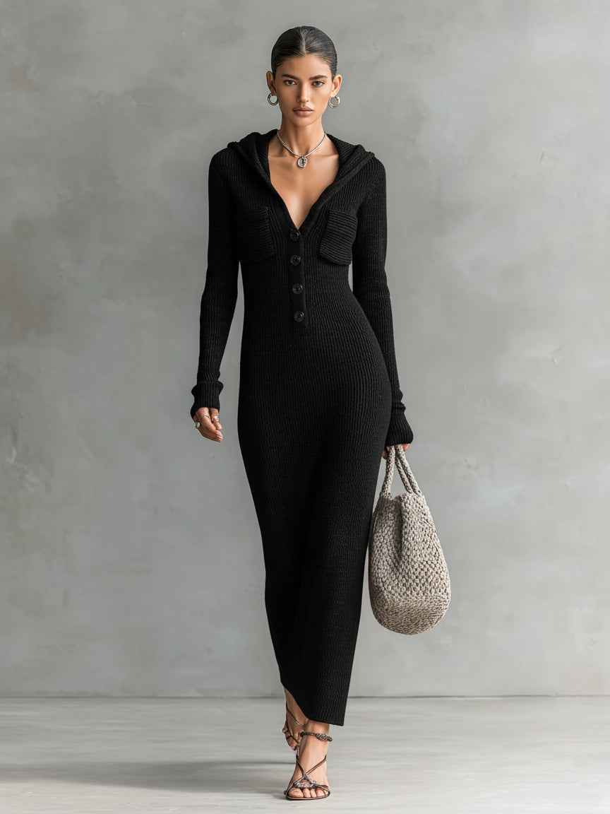 Womens Slim-Fit Half-Neck Hooded Knitted Sweater Dress