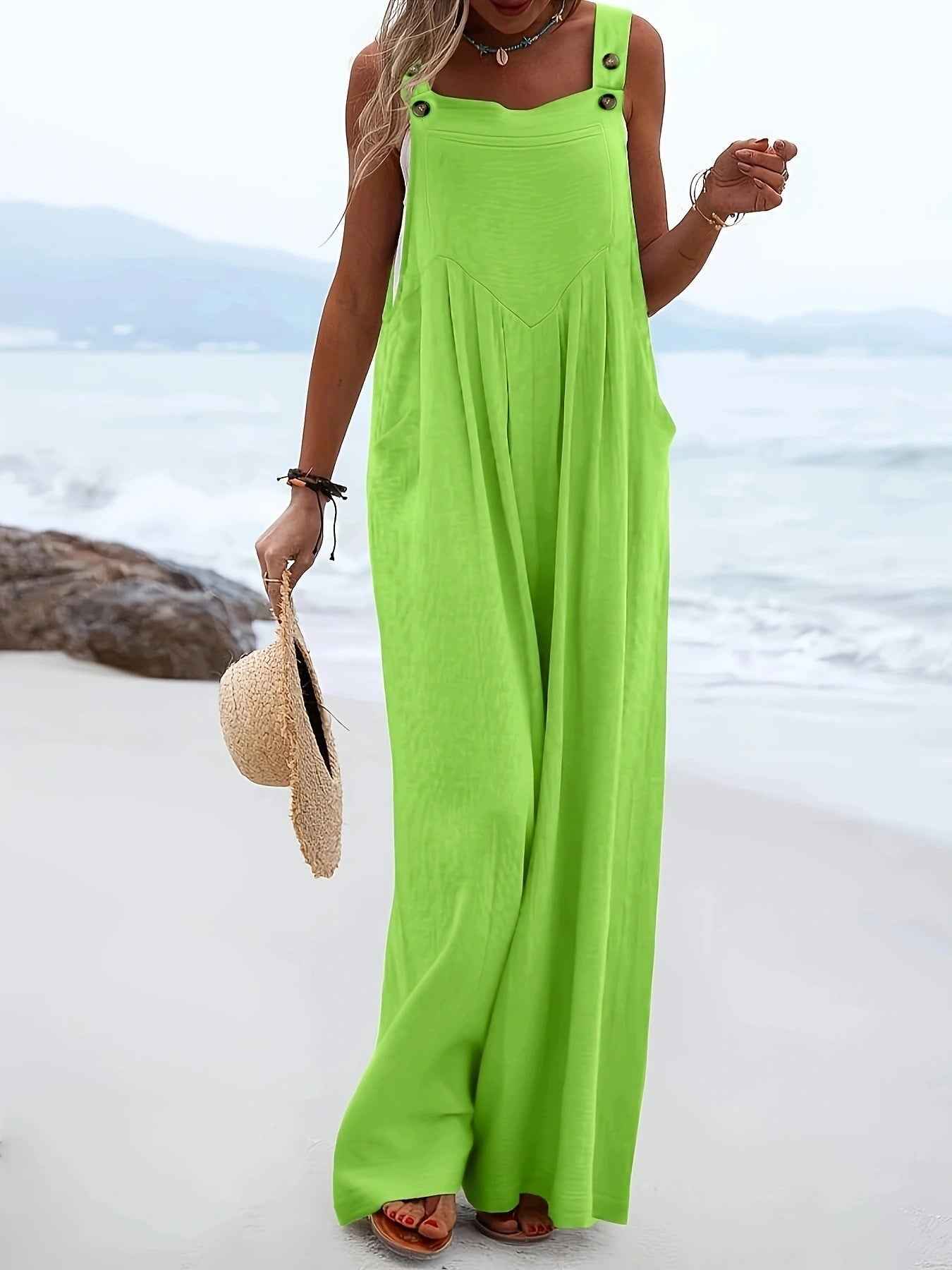 2026 New European American Women's Wide Leg Overalls Adjustable Button Straps Sleeveless Loose Casual Jumpsuit With Pockets