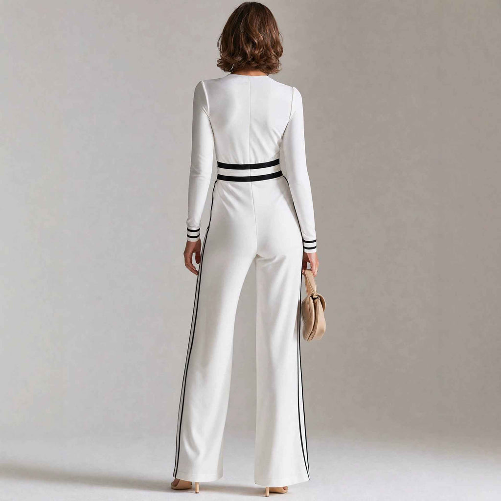 Womens High-waisted Twill Color-block Side-panel Jumpsuit