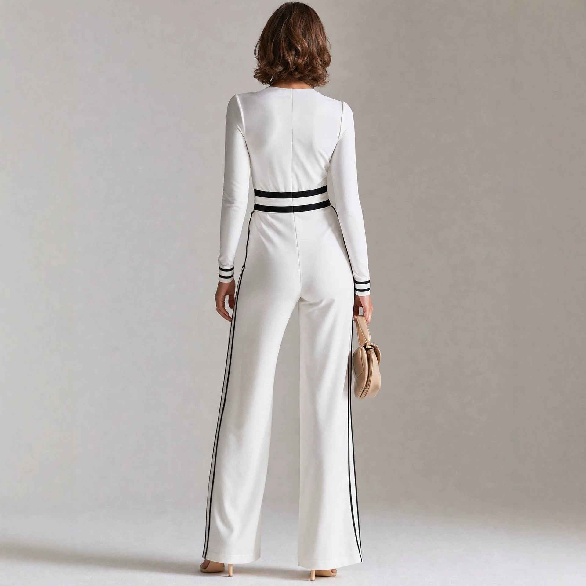 Womens High-waisted Twill Color-block Side-panel Jumpsuit