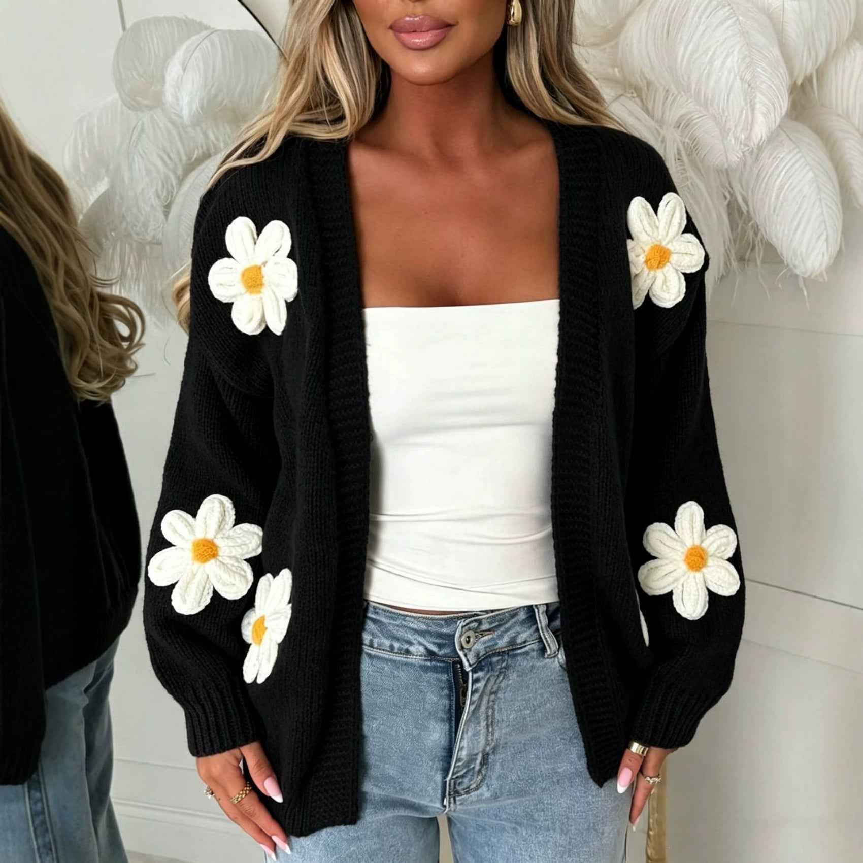 Sweet Large-Floral Knitted Cardigan For Women