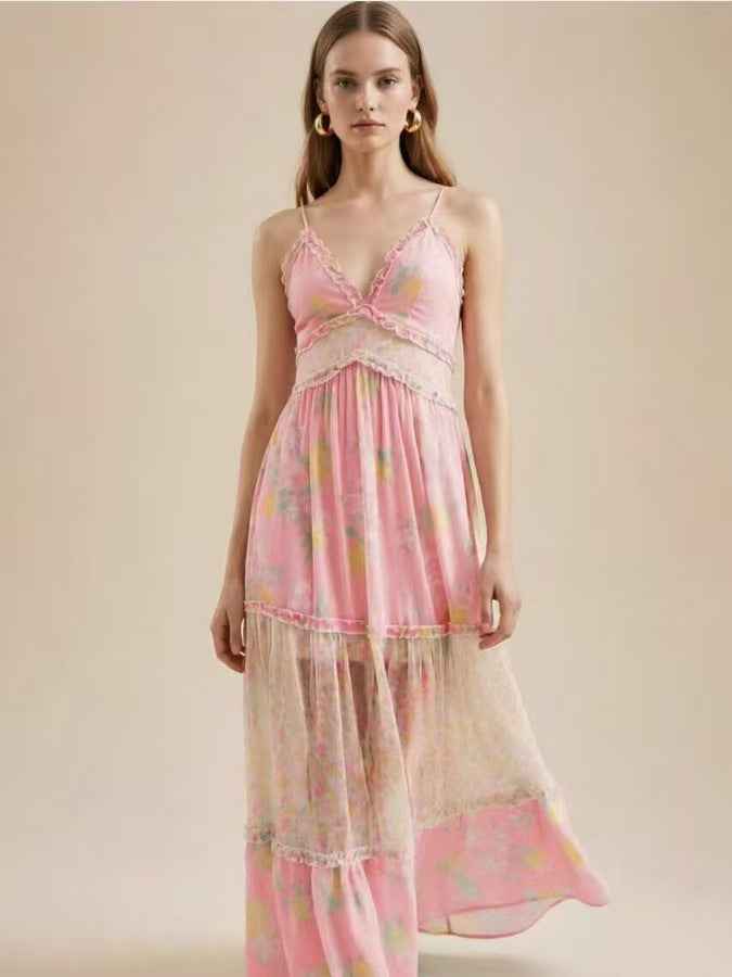 Strap V-neck Floral Ruffled Chiffon Dress