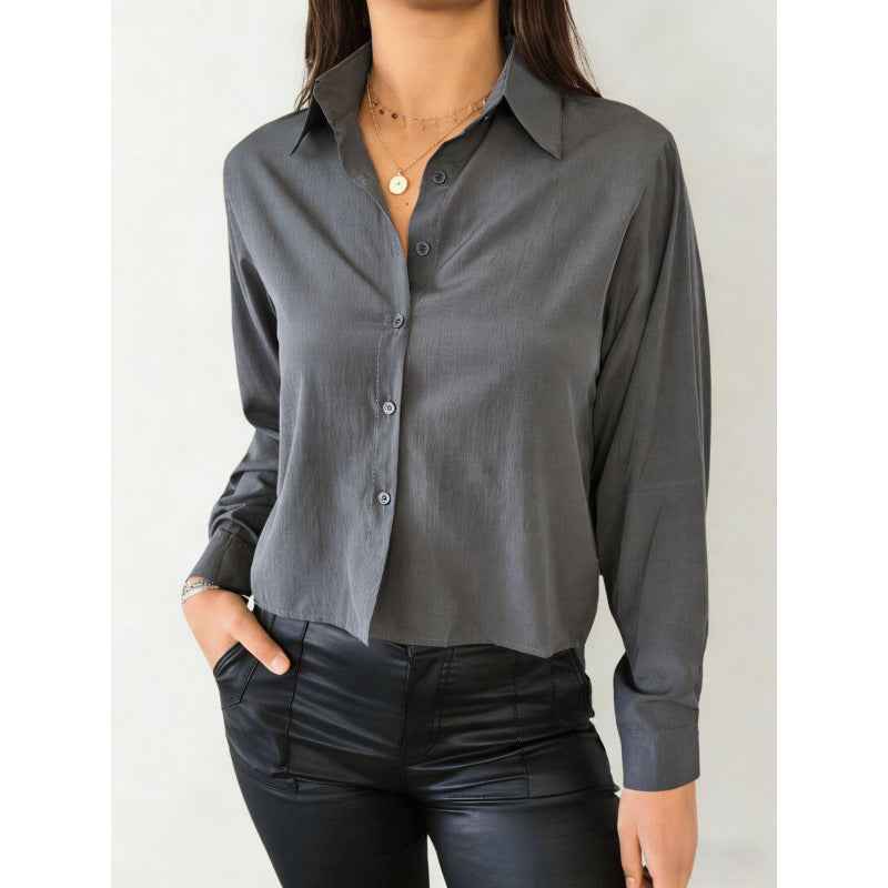 Solid-color Casual Loose-fit Long-sleeved Linen Shirt For Women
