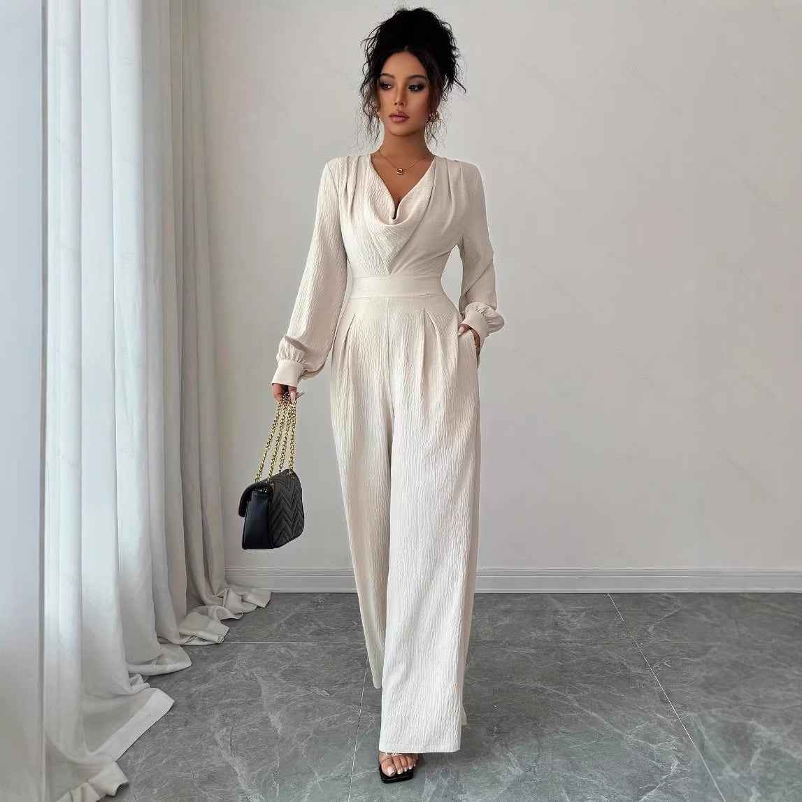 Womens Solid-Color Elegant Off-the-Shoulder Long-Sleeve Jumpsuit For The Office