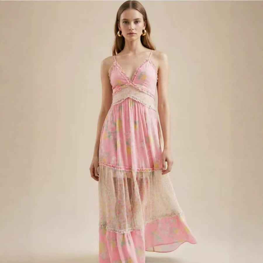 Strap V-neck Floral Ruffled Chiffon Dress