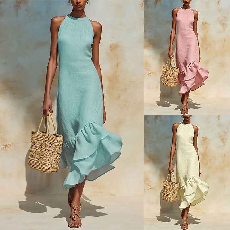 Irregular Ruffled Fishtail Hem Sleeveless Dress