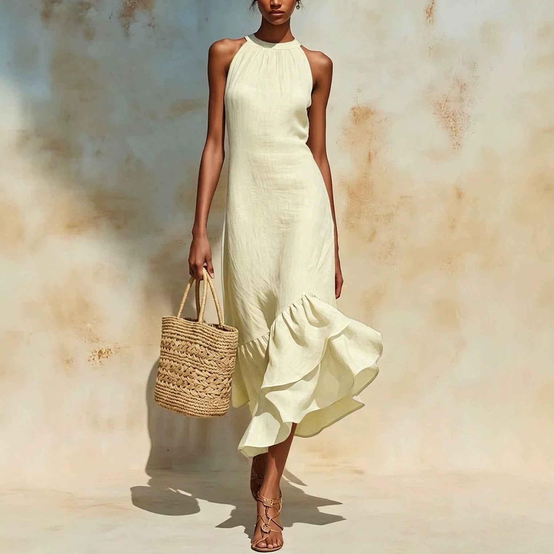 Irregular Ruffled Fishtail Hem Sleeveless Dress