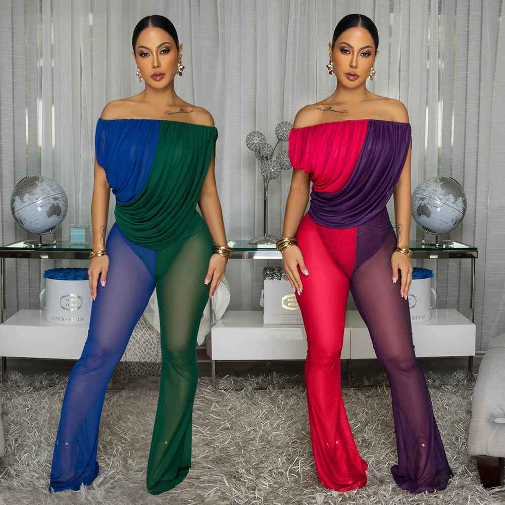 Fashionable Off-Shoulder Mesh Colorblock Jumpsuit For Women
