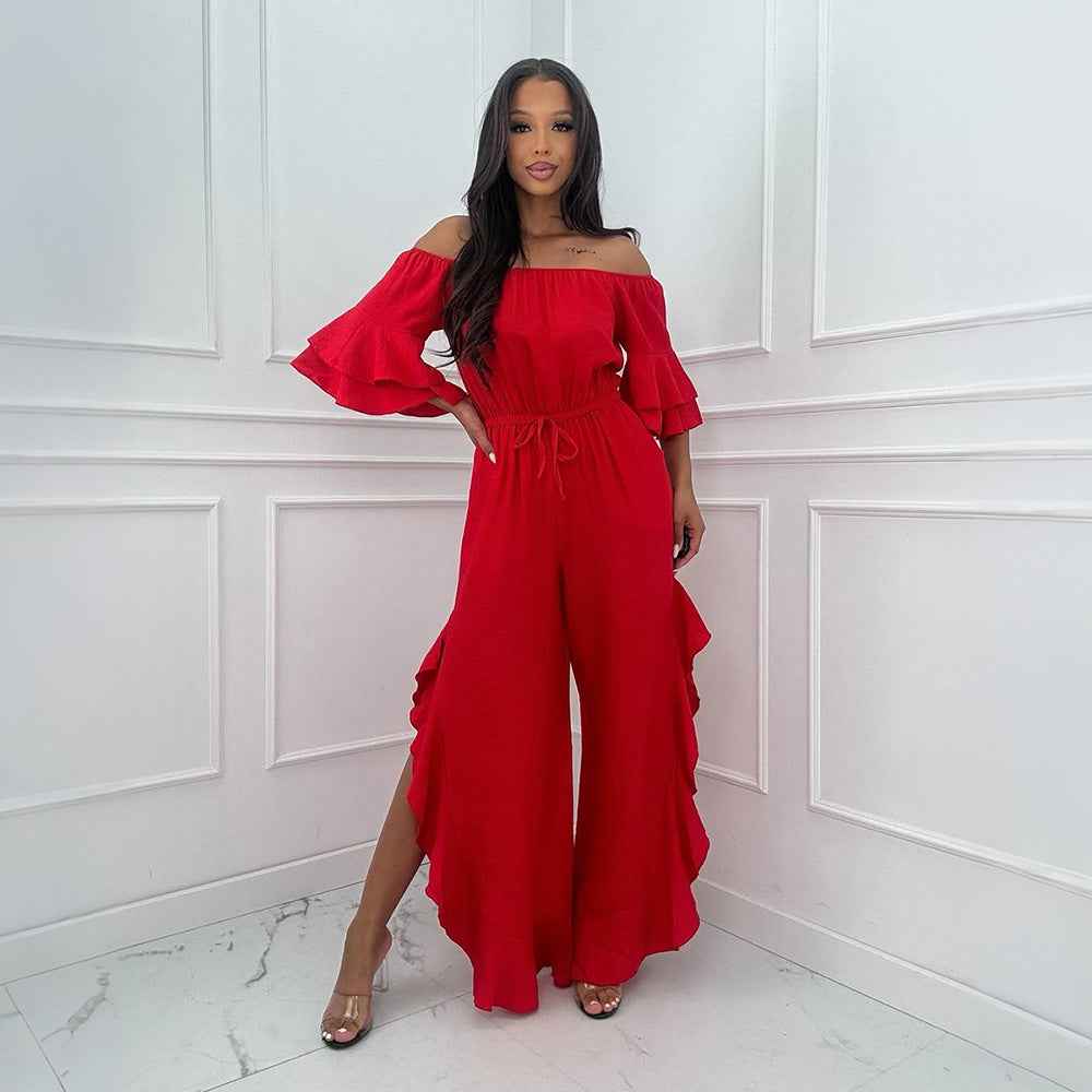 European And American Solid-color Off-shoulder Jumpsuit With A Belt