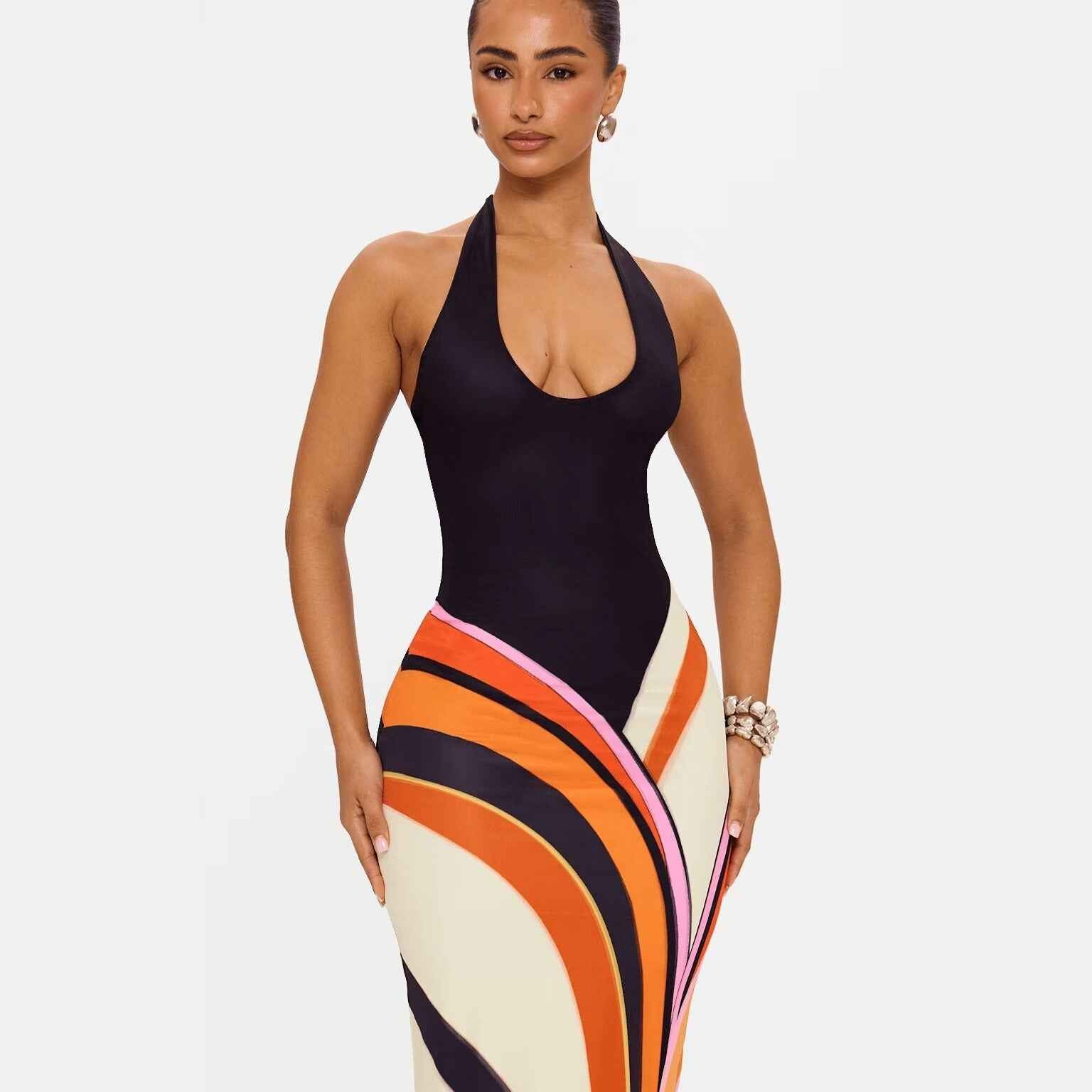 European And American-style Halter Multicolor Long Dress Sexy And Figure-hugging
