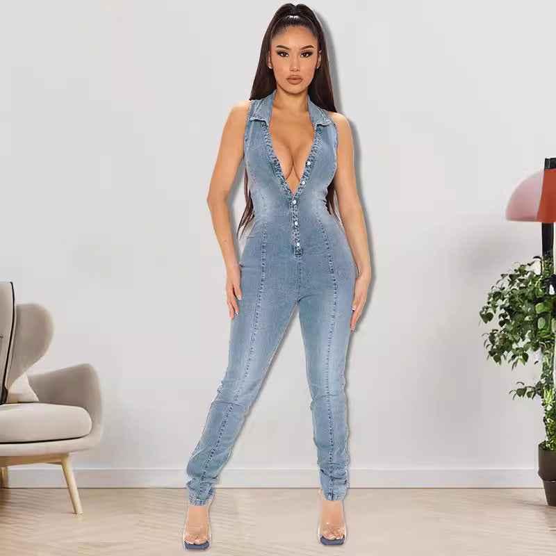 Sleeveless Washed Denim Jumpsuit For Women