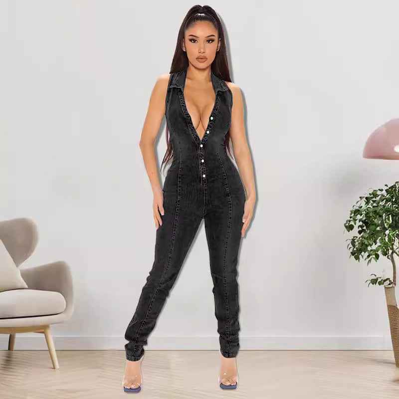 Sleeveless Washed Denim Jumpsuit For Women