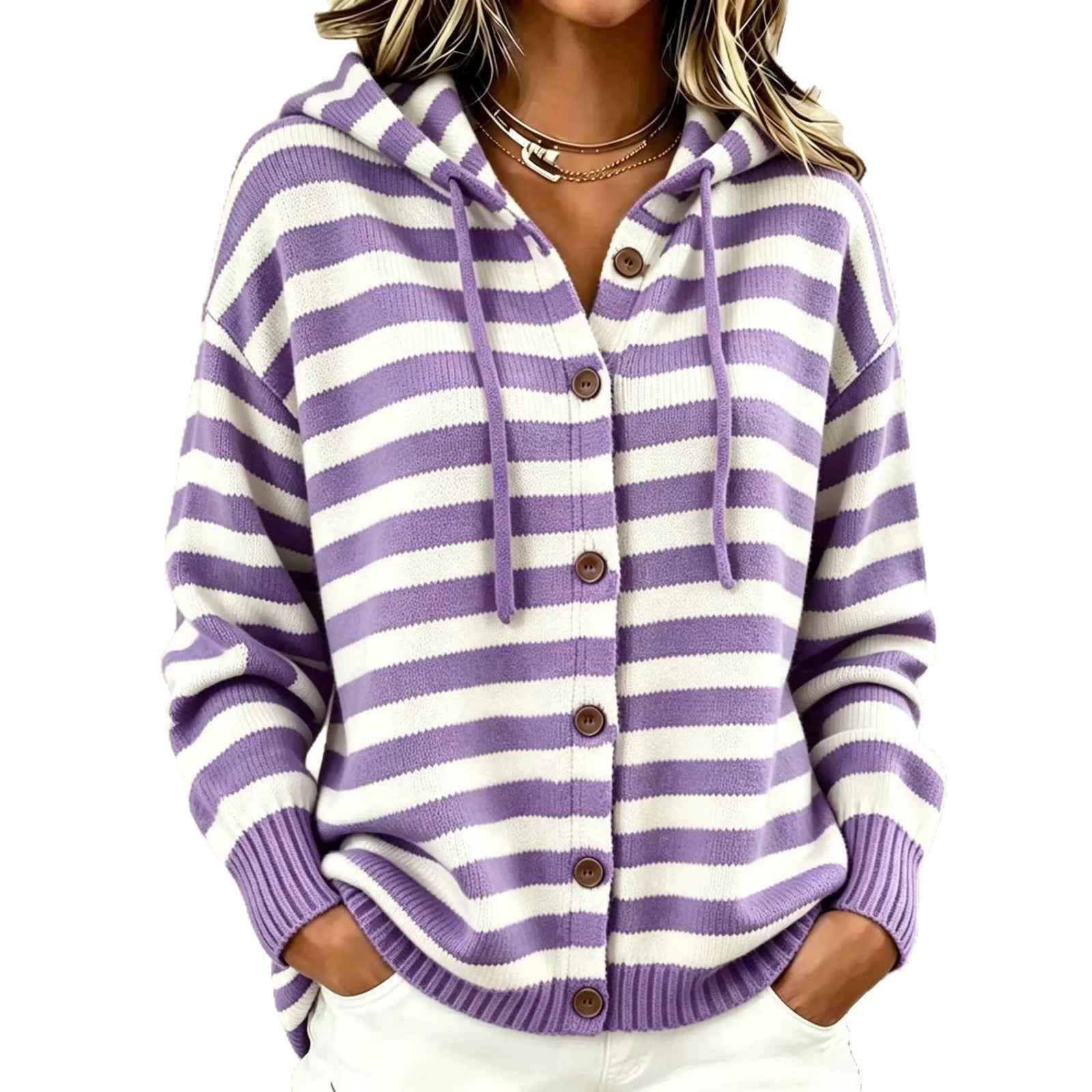 Striped Single-breasted Hooded Womens Casualwear For Comfort