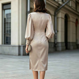 Elegant Light Luxury Satin Puff Sleeve Waist Dress