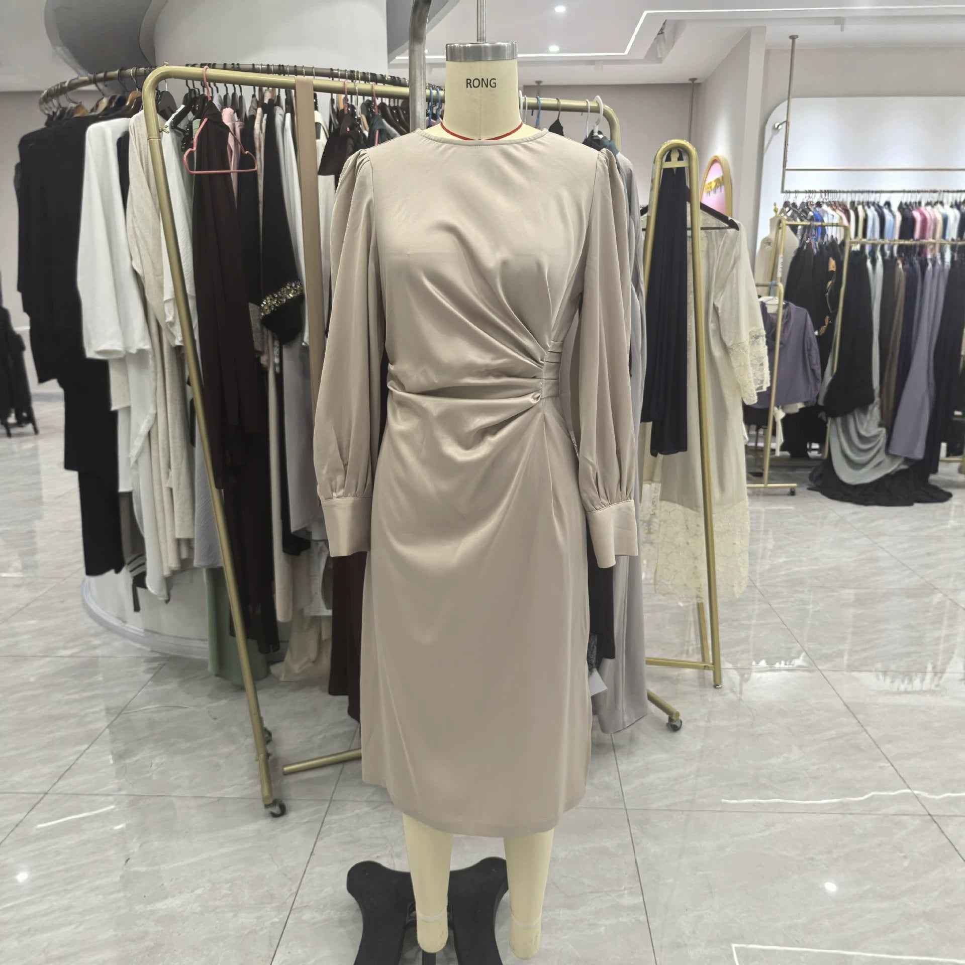 Elegant Light Luxury Satin Puff Sleeve Waist Dress