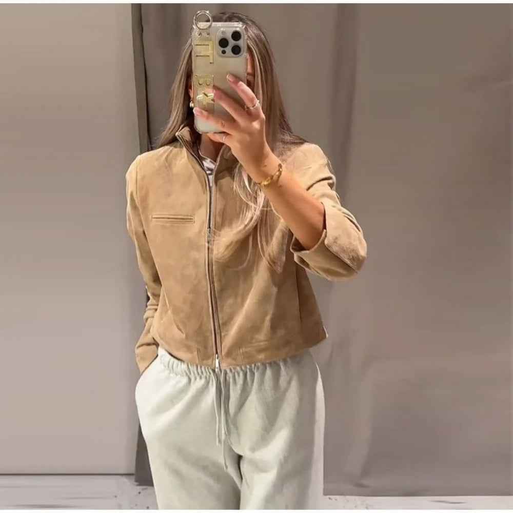 Spring Short Suede Jackets Women Brown Stand Collar Zip