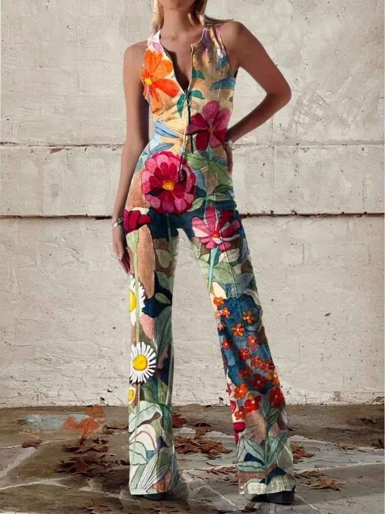 Fashionable Printed Womens Sexy Off-Shoulder Sleeveless Jumpsuit