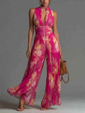 Womens Floral Print Chiffon Halterneck Pleated Jumpsuit With Side Slit And Bodycon Fit