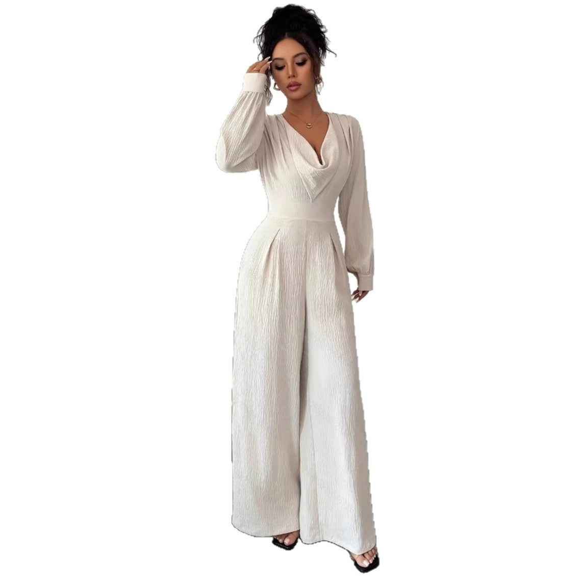 Womens Solid-Color Elegant Off-the-Shoulder Long-Sleeve Jumpsuit For The Office