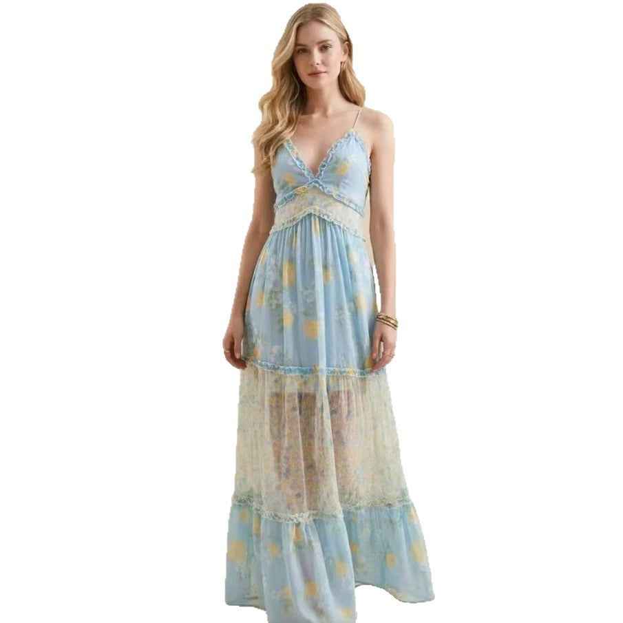 Strap V-neck Floral Ruffled Chiffon Dress
