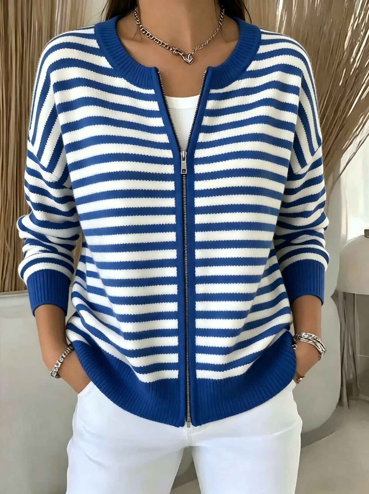 Womens Striped Knitted Cardigan With Zipper