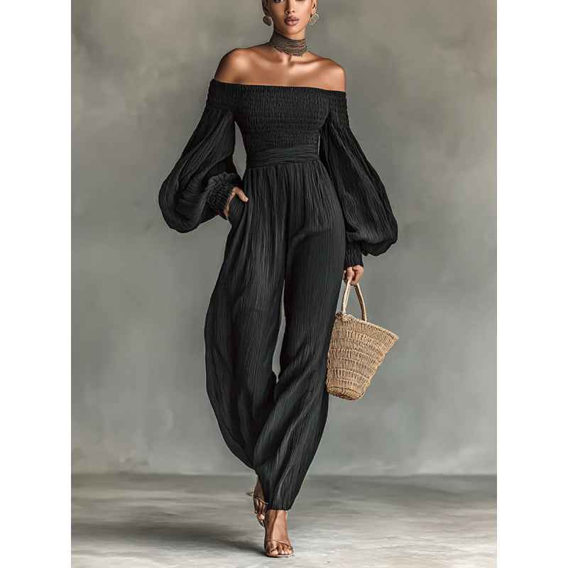 Womens Off-shoulder Long-sleeve Pleated Fabric Patchwork Solid-color Jumpsuit