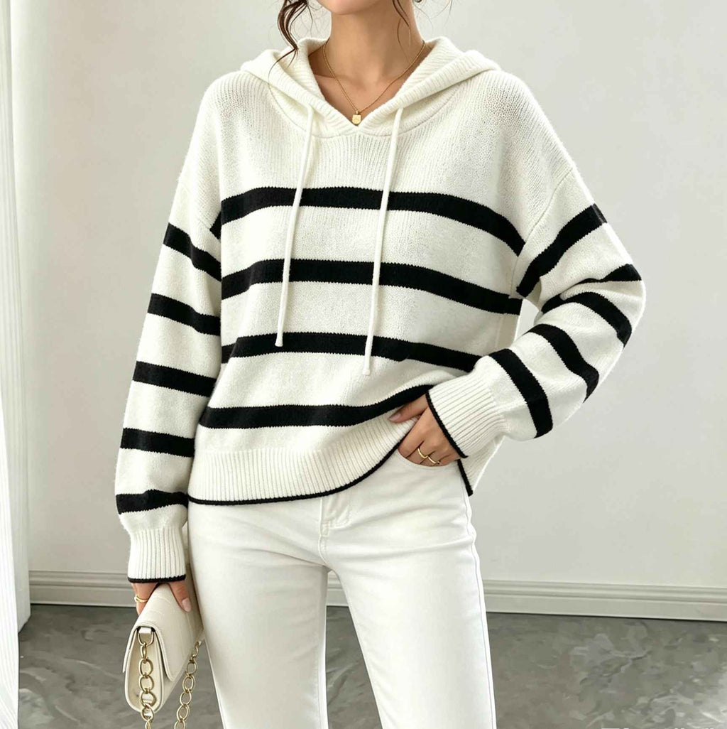 Womens Striped Knitted Hooded Pullover Sweater