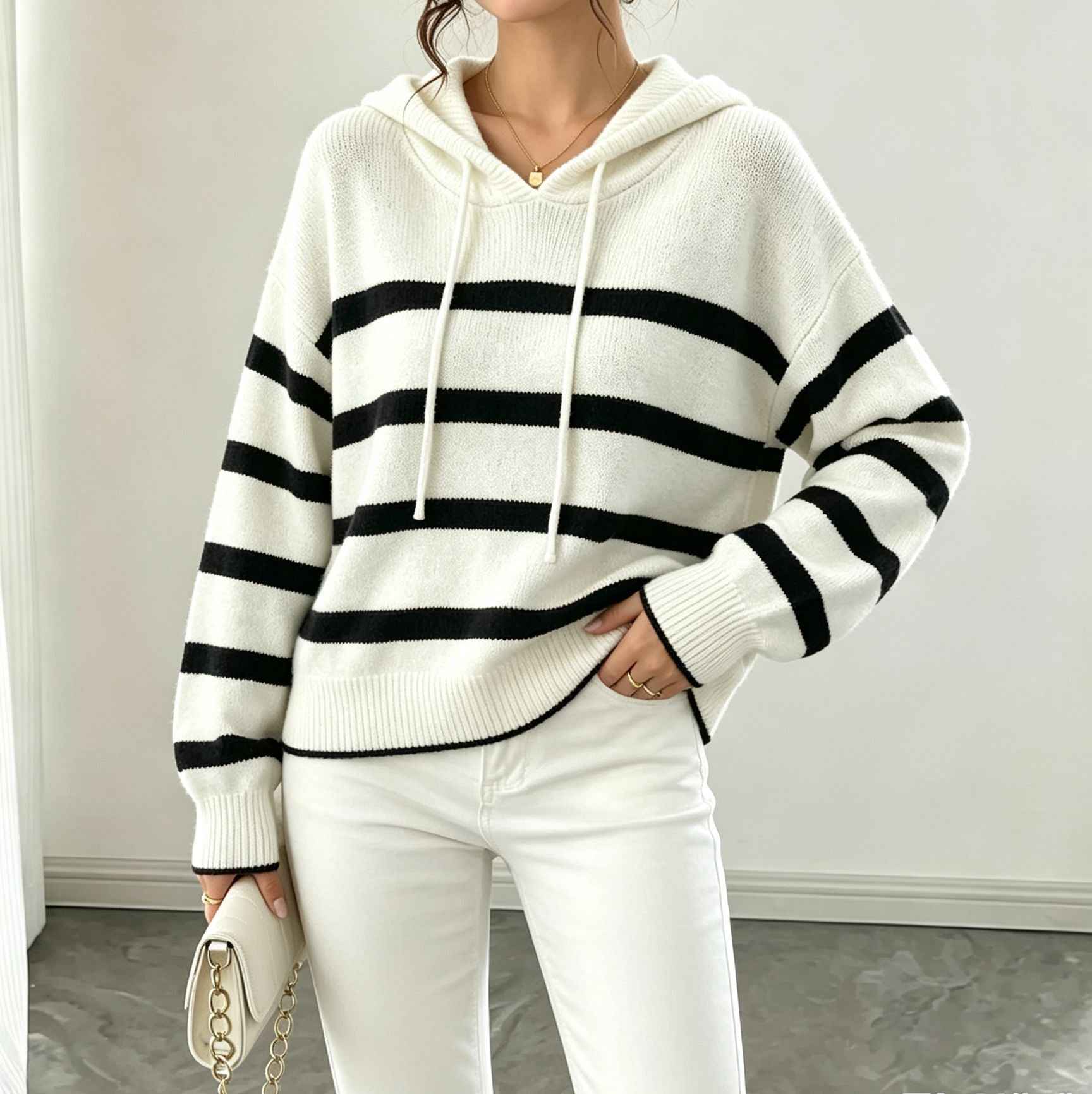 Womens Striped Knitted Hooded Pullover Sweater